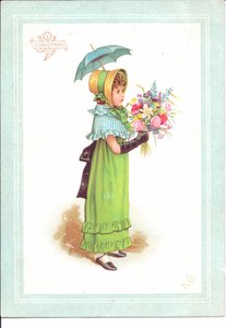Süslü kostümlü dans eden çocukların Viktorya dönemine ait bir tebrik kartı, 1880 dolayları