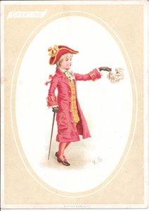 Yemek masasında oturan ve aşçı kılığına girmiş bir çocuğun oyma bıçağını keskinleştirdiği bir Viktorya dönemi tebrik kartı, 1880 dolayları by Kate Greenaway