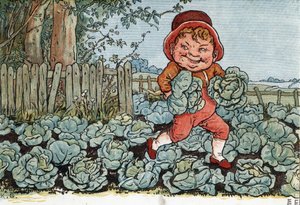 Bir cüce sebze bahçesinden lahana çalar. (Lahana Çalan Bir Goblin). Edmund Evans tarafından düzenlenen “Pencerenin Altında” (1879) çocuklar için masallar ve tekerlemeler kitabından Kate Greenaway (1846-1901) çizimi.