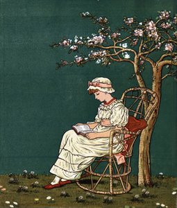 Leylak altında kitap okuyan küçük bir kız. Edmund Evans tarafından düzenlenen “Pencerenin Altında” (1879) çocuklar için masallar ve tekerlemeler kitabından Kate Greenaway (1846-1901) çizimi.