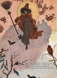 Kara kediler, yarasa ve baykuşla çevrili bir cadı ve süpürgesi. (Küçük oğlanlar ve kızlar, gelip benimle süpürgeme biner misiniz?) ) Kate Greenaway