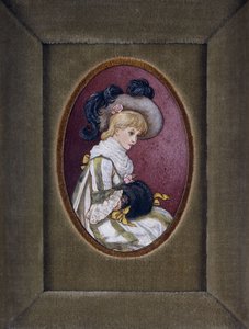 Elleri manşonunun içinde tüylü bir şapka takan sarışın bir kızın oval portresi by Kate Greenaway