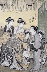 Bayanlarıyla çevrili Chojiya çayevinden Courtesan Nishikido, 18. yüzyılın sonları, Ukiyo-e sanat baskısı, Katsukawa Shuncho (aktif 1780-1800), Oban-tate-e gravür, 37x26 cm, Japon uygarlığı, Detay by Katsukawa Shuncho