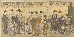 Nezaketçiler ve Refakatçileri Fenerler Altında Geçiyor by Katsukawa Shuncho