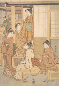 Bir Çay Evinin Verandasında Genç Kadınlar Grubu, 18. yüzyılın sonlarında. by Katsukawa Shuncho