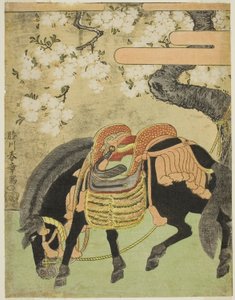 Çiçek Açan Kiraz Ağacının Altına Bağlanmış Kara At by Katsukawa Shunsho