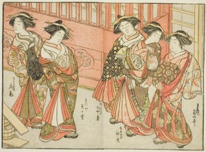 "Zevk Alanlarının Güzel Kadınlarının Aynası (Seiro bijin awase sugata kagami)" kitabından, Çeşitli Evlerden Beş Nezaket, cilt. 3 by Katsukawa Shunsho