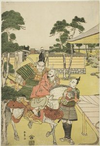 Musashibo Benkei, Horikawa Youchi no Zu Uki-e Nimaitsuzuki Oyununda Yakalanan Tosabo Shoshun'u Yoshitsune'ye Getiriyor, c.1782 (renkli tahta baskı; oban) by Katsukawa Shunsho