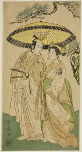 Aktörler Arashi Hinaji I (sağda) ve Ichikawa Komazo II (solda), Play Soga Moyo Aigo no Wakamatsu'da Prenses Sakura (Sakura Hime) (?) ve Shimizu Tonoinosuke (?) olarak, Nakamura'da sahnelendi Üçüncü Ayda Tiyatro (?), 1769 (?) by Katsukawa Shunsho