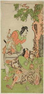 Aktörler Ichikawa Danzo III, I no Hayata Tadazumi olarak (sağda) ve Matsumoto Koshiro II, Osada no Taro Kagemune olarak, Play Nue no Mori Ichiyo no Mato