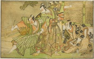 Aktörler Ichikawa Komazo II, Minamoto no Yorimasa (sağda), Matsumoto Koshiro II, Osada no Taro Kagemune olarak Yatsurugi Zaemon (ortada) ve Ichikawa Danzo III, I no Hayata Tadazumi (solda), In the Play Nue no Mori Ichiyo no Mato, bir performans sergiledi by Katsukawa Shunsho