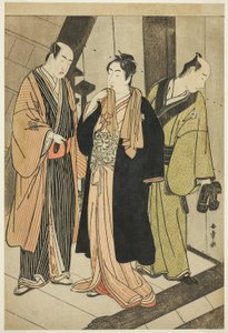 Aktörler Ichikawa Monnosuke II (solda), Iwai Hanshiro IV (ortada) ve Iwai Karumo (?) (sağda), bir Sahne Arkasında by Katsukawa Shunsho