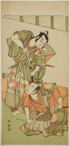 Aktörler Ichikawa Yaozo II, Konoshita Hyokichi (?) (Sağ) ve Sakata Hangoro II, Matsunaga Daizen Hisahide (?) (Sol), Play Gion Sairei Shinko Ki (?), Ichimura Tiyatrosu'nda (?) Beşinci Ay, 1775 (?) by Katsukawa Shunsho