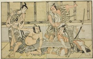 Aktörler Ichikawa Yaozo II, Kujaku no Saburo olarak, Matsumoto Koshiro II, Hata no Daizen Taketora olarak, Nakajima Mihoemon II, Aramaki Mimishiro olarak ve Nakamura Shocho I, Ki no Tsurayuki olarak (sağdan sola), Play Kuni no Hana Ono no Itsumoji