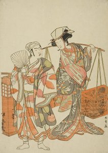 Aktörler Ichimura Uzaemon IX, Sake Satıcısı Iseya kılığına girmiş bir erkek tilki (solda) ve Nakamura Tomijuro I, Fasulye Satıcısı Hyugaya kılığına girmiş bir dişi tilki kılığında, "Myoto-zake Kawaranu Nakanaka" (Marit