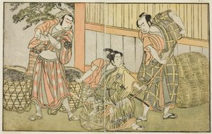 Aktörler Kasaya Matakuro II, Hagun Taro (sağda), Ichikawa Monnosuke II, Izutsu no Suke Narihira (ortada) ve Nakamura Nakazo I, Kose no Kanaoka olarak Kömür Yapıcı Sogoro kılığında, Play Kuni no Hana Ono no Itsumoji, Gerçekleştirildi Naka