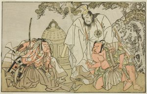Aktörler Nakajima Mihoemon II, Aramaki Mimishiro (sağda), Matsumoto Koshiro II, Otomo no Yamanushi (ortada) ve Ichikawa Danzo III, Hannya no Goro (solda), Play Kuni no Hana Ono no Itsumoji, Nakamura Tiyatrosu'nda sahnelendi on birincide by Katsukawa Shunsho