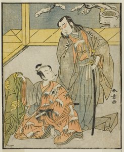 Aktörler Nakamura Denkuro II Suma no Dairyo (sağda) ve Ichikawa Komazo II, Ariwara no Yukihira (solda), Play Kuni no Hana Ono no Itsmoji