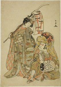 "Myoto-zake Kawaranu Nakanaka" Dans Dizisinde Aslan Dansçısı Kakubei (Kakubei-jishi) (sağda) ve Segawa Kikunojo III (solda) olarak Onmaya Kisanda olarak Aktörler Nakamura Nakazo ) Kupa), t
