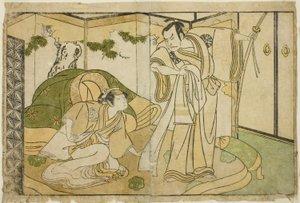 Aktörler Nakamura Nakazo I Taira no Kiyomori olarak (sağda) ve Yamashita Kinsaku II Tokiwa Gozen olarak (solda), Play Nue no Mori Ichiyo no Mato, Nakamura Tiyatrosu