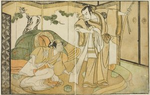 Aktörler Nakamura Nakazo I Taira no Kiyomori olarak (sağda) ve Yamashita Kinsaku II Tokiwa Gozen olarak (solda), Play Nue no Mori Ichiyo no Mato, Nakamura Tiyatrosu