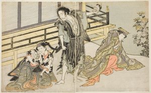 Aktörler Nakamura Noshio I, Nyosan no Miya (sağda), Ichikawa Danjuro V, Dönek Keşiş Yochin (ortada) ve Hizmetçi Mutsuhana olarak Yamashita Kinsaku II (solda), Play Fuki Kaete Tsuki mo Yoshiwara, Morita
