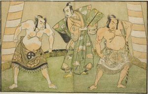 Aktörler Nakamura Sukegoro II Matano no Goro (sağda), Onoe Kikugoro I Soga no Taro (ortada) ve Otani Hiroji III Kawazu no Saburo (solda), Play Myoto-giku Izu no Kisewata, Ichimura'da sahnelendi On Birinci Ayda Tiyatro, 1770 by Katsukawa Shunsho