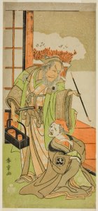 Aktörler Nakamura Utaemon I Karashi Baba olarak (sağda) ve Ichikawa Danjuro IV Sanshodayu olarak (solda), Play Kawaranu Hanasakae Hachi no Ki