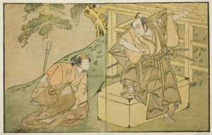Aktörler Onoe Matsusuke I Akaboshi Taro olarak (sağda) ve Azuma Tozo II Shirotae olarak (solda), Play Kono Hana Yotsugi no Hachi no Ki, Ichimura Tiyatrosu
