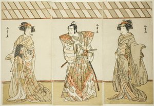Oyuncu Onoe Tamizo I, Nishikigi (?) Veya Otae (?) (Sağ), Miura Heidayu Kunitae (?) (Orta) olarak Ichikawa Danjuro ve Osagawa Tsuneyo II, Oyuki (?) (Sol) olarak, Play Date Nishiki Tsui no Yumitori (?), Morita Tiyatrosu