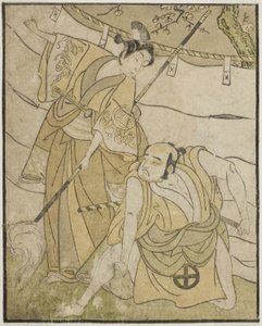 Aktörler Otani Tomoemon I Emohei olarak (sağda) ve Sanogawa Ichimatsu II Sanada Yoichi olarak (solda), Play Myoto-giku Izu no Kisewata