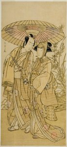 Aktörler Segawa Kikunojo III (sağda) Ochiyo olarak ve Bando Mitsugoro I (solda) Manav Hambei olarak, Play Kabuki no Hana Bandai Soga