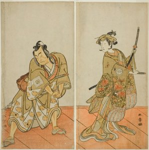 Aigo no Waka olarak Play Segawa Kikunojo III (sağda) ve Hachio-maru Aratora olarak Ichikawa Yaozo II (solda) by Katsukawa Shunsho