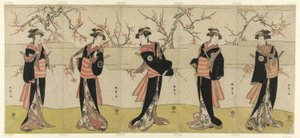 Aktörler Karigane Obun olarak Segawa Kikunojo III, An no Oyasu olarak Nakayama Tomisaburo I, Kaminari no Osha olarak Iwai Kiyotaro, Gokuin no Osen olarak Nakayama Tatezo I ve Hotei no Oichi olarak Ichikawa Monnosuke II (sağdan sola), "Gonin Onna, "Sahne Bi by Katsukawa Shunsho