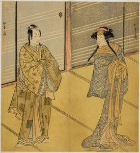 Aktörler Joro-gumo'nun Ruhu olarak Segawa Kikunojo III (Harlot Örümcek) Maiko Tsumagiku kılığında (sağda) ve Ichikawa Monnosuke II, Urabe no Suetake olarak (solda), Play Shitenno Tonoi no Kisewata, Nakamura Tiyatrosu'nda sahnelendi onbirde by Katsukawa Shunsho