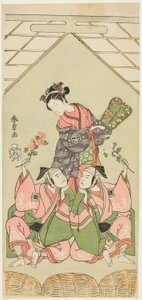 Aktörler Segawa Kikunojo II, Islak Hemşire Reizei rolünde, Ichikawa Komazo I, Shamisen Oyuncusu Kichiroku Kisvesi altında Suruga no Hachiro rolünde (sağda) ve Palanquin Taşıyıcı Kichinai Kichinai