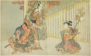 Aktörler Yamashita Kinsaku II Mutsuhana (sağda), Bando Mitsugoro I Kashiwagi no Emon (ortada) ve Nakamura Sukegoro II Akamatsu Mushanosuke (solda), Play Fuki Kaete Tsuki mo Yoshiwara