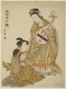 "Şanslı Tanrıların Gülümsemelerini Karşılaştırmak (Fukujin egao kurabe)" dizisinden Biwa Tutan Tanrıça Benten ve Omuz Davulunu Tutan Bir Genç Adam by Katsukawa Shunsho