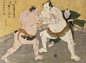 Kimenzan Tanigoro ve Edogasaki Gemji arasındaki Güreş Maçı (renkli tahta baskı) by Katsukawa Shunsho