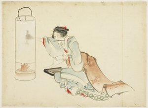 Lamba Ayarlayan Hanım, c.1815-1849 (kağıt üzerine mürekkep ve renk) by Katsushika (school of) Hokusai