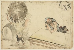 Mochi Yapıcı ve Tatami Yapıcı (iki eskizler), c.1815-1849 (kağıt üzerinde mürekkep ve renk) by Katsushika (school of) Hokusai