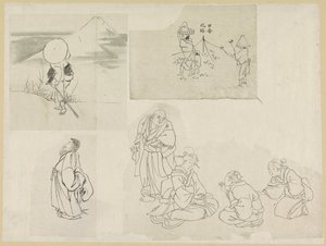 Farklı figürlerle dört sahne by Katsushika Hokusai (possibly)