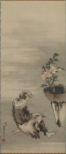 Saksıda Şakayıklara Bakan Oturan Bir Adam, Edo dönemi (kağıt üzerine mürekkep ve renk) by Katsushika Hokusai