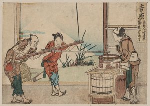 Yaşlı bir adam ve iki genç çırak, bir karıştırma cihazı olan Yoshiwara