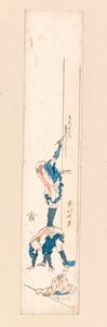 Bir adamın sırtında duran ve bir sütunun üzerine yazan sanatçı, 1820 dolayları (renkli gravür) by Katsushika Hokusai
