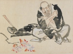 18. yüzyılın sonları ile 19. yüzyılın başlarında kiraz dalları yakan bir rahibin Budist alegorisi. by Katsushika Hokusai