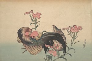 Horoz, Tavuk ve Nadeshiko Dianthus Superbus. by Katsushika Hokusai