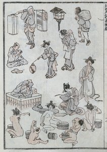 Manga'dan günlük yaşam hareketleri (renkli tahta baskı) by Katsushika Hokusai