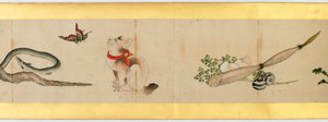 Çeşitli Resimlerle Elle Kaydırma Detayı, Edo Dönemi, kağıt üzerinde 1839 mürekkep ve renk by Katsushika Hokusai