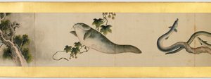 Çeşitli Resimlerle Elle Kaydırma Detayı, Edo Dönemi, kağıt üzerinde 1839 mürekkep ve renk by Katsushika Hokusai